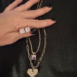 Layered Necklace With Square CZ and Crystal Heart and Matching Earrings